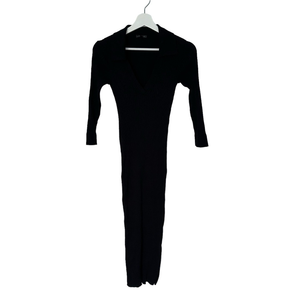 DYNAMITE BLACK RIBBED MAXI DRESS WITH  V-NECK, COLLAR & SIDE SLIT | SIZE SMALL - Picture 9 of 15